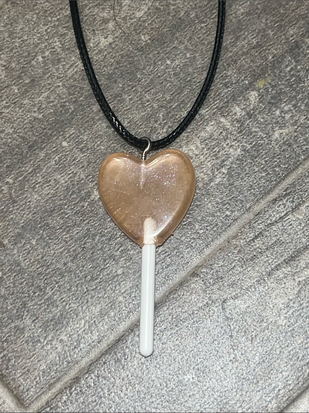Sparkling Champagne Peach Heart Lollipop Necklace on Black Cord